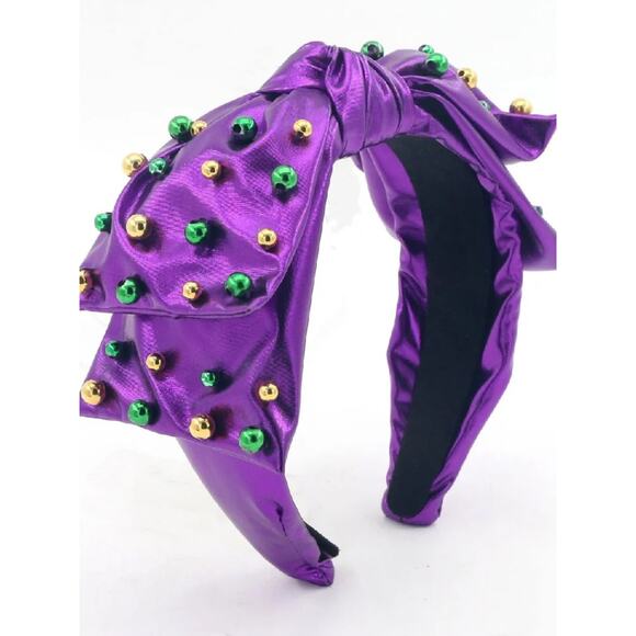 Purple Satin Knot Headband with Green & Gold Bead Accents